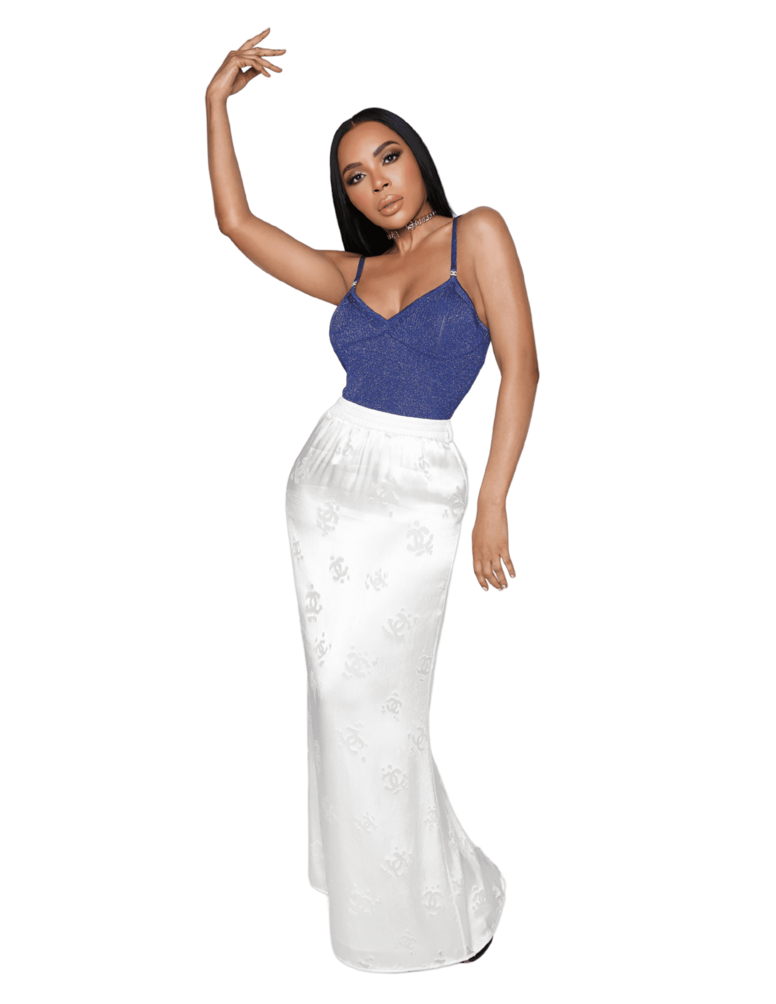 Krista Sher Selico Pop Classical Music Icon in a blue top and long white skirt transparent bg